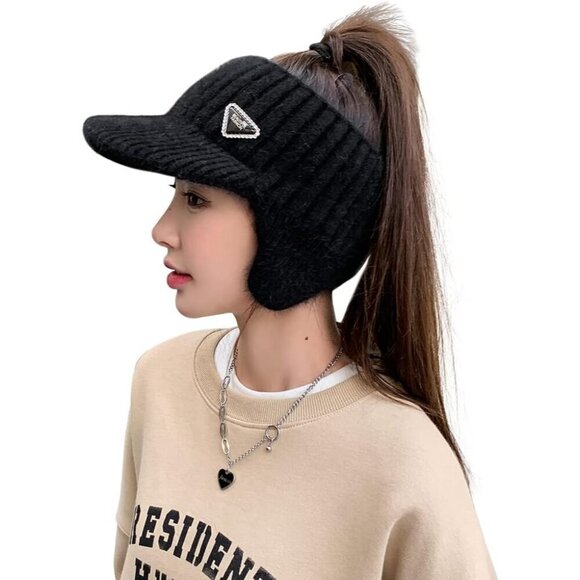 Open Beanie with Earflaps Visor Winter Hat Women Golf Tennis Cozy Knit main image 4